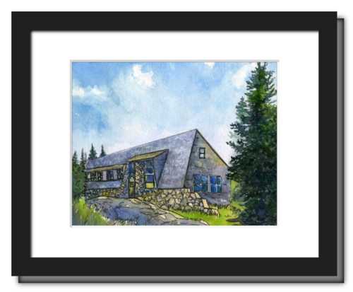 Appalachian Mountain Club Mizpah Spring Hut, White Mountain National Forest, White Mountains, New Hampshire. Fine art print of a watercolor painting. Gifts for hikers, backpackers, outdoor enthusiasts and hut fans.