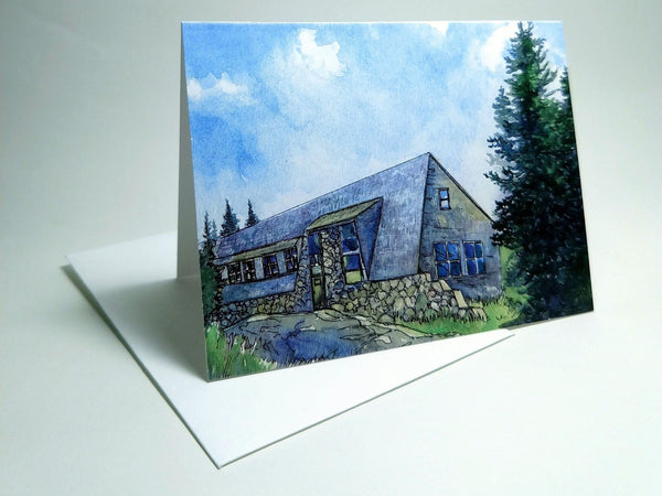 All eight AMC White Mountain Huts as a set of greeting cards! Send a note reminiscing about your last great trip to New Hampshire's mountains. Set contains one of each card of the eight huts: Lonesome Lake, Greenleaf, Galehead, Zealand Falls, Mizpah Spring, Lakes of the Clouds, Madison Spring and Carter Notch Huts. All in dazzling color and ready to mail. Eight small 4"x5½" greeting cads. High quality prints of original paintings by Rebecca M. Fullerton.