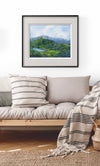 This is a framed view of "Mount Lafayette, NH," a 16 by 20 inch watercolor and ink painting on paper. The painting is matted in an archival grey-on-white double mat, inside a 22 by 26 inch black metal frame, and glazed with glass.
