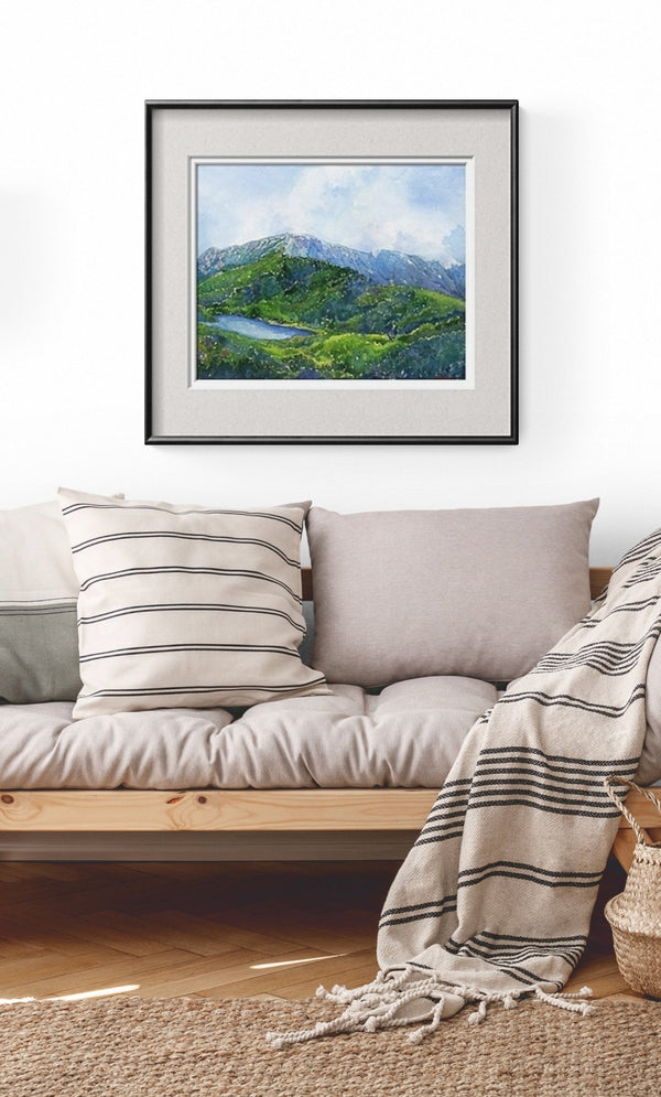 This is a framed view of "Mount Lafayette, NH," a 16 by 20 inch watercolor and ink painting on paper. The painting is matted in an archival grey-on-white double mat, inside a 22 by 26 inch black metal frame, and glazed with glass.