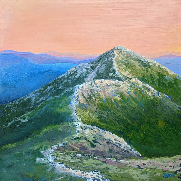 Mount Lafayette, on the northern end of the Franconia Ridge, is one iconic summit. Many hikers know this pyramidal peak with the trail winding up its slopes. Here I've surrounded it with the glowing oranges and yellows of a summer sunset. Square 5"x5" greeting cards. High quality prints of original paintings on archival felted cardstock. Certified by the Forest Stewardship Council. Envelopes are included.