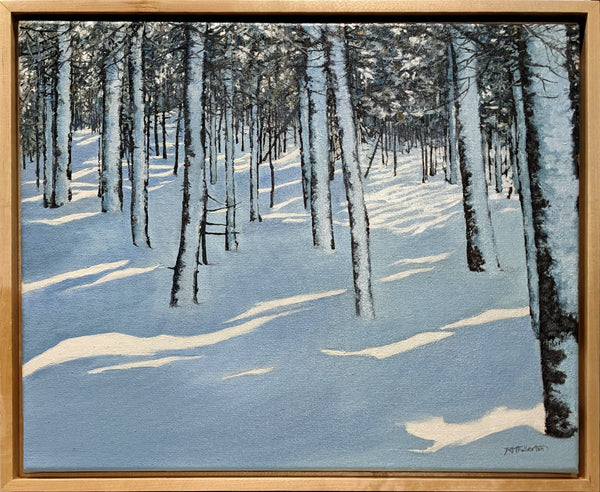 "Glades, Later Afternoon" is a 16 by 20 inch oil on canvas painting depicting snow covered trees in an open glade on a mountainside. Streaks of light filter in, illuminating patches of white snow among blue shadows.