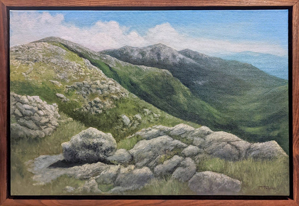 Gorgeous oil painting of the Gulfside Trail, a challenging but rewarding hiking path that traverses the Presidential Range in New Hampshire's White Mountains. The painting depicts a vast expanse of alpine terrain, with jagged peaks and rocky ridges stretching into the distance. The artist's use of color and light captures the beauty and ruggedness of the White Mountains, and the painting is sure to evoke a sense of wonder and awe in viewers.