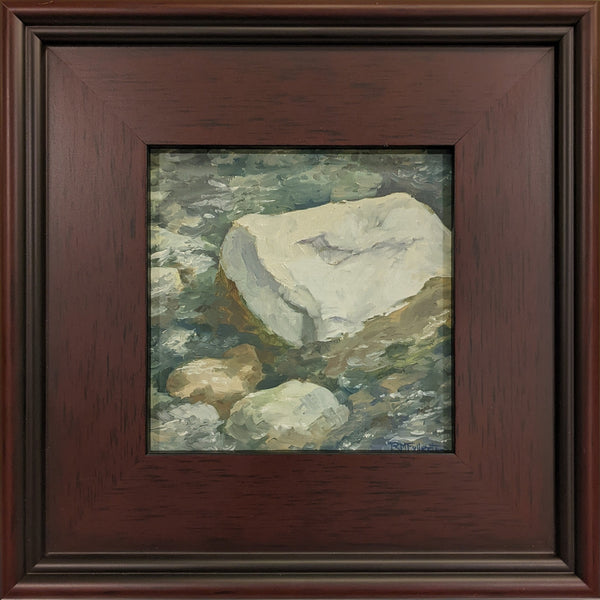 "River Rock #1" is a 6 by 6 inch framed oil on panel painting of a rock in the midst of a flowing river full of sparkles, green and blue swirls and summer light.