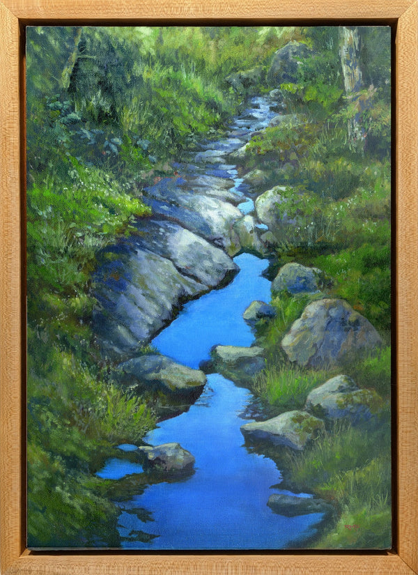 "Sky Along the Trail" is an 14 by 18 inch oil on canvas painting by Rebecca M. Fullerton, depicting water reflecting blue sky on a mossy, treelined section of the Crawford Path near Mount Pierce in the White Mountain National Forest of New Hampshire.