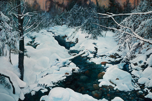 "Crawford Brook in Winter" is a 30 by 45 inch oil on canvas painting by Rebecca M. Fullerton, depicting deep winter woods with the dark waters of a partially-frozen stream running through them. Bright white snow covers the many shoreline rocks and boulders and traces each tree branch.