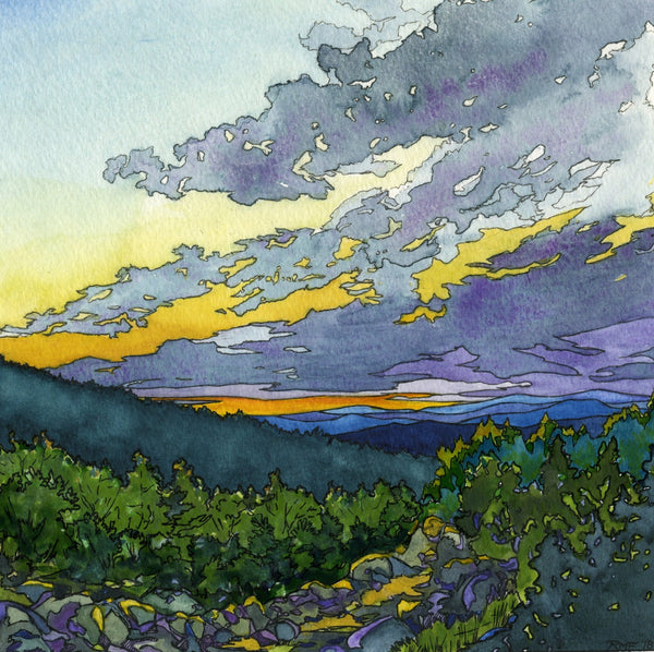 "Northern Sunset" is a 10 by 10 inch square fine art print on paper,based on an original watercolor and ink painting by Rebecca M. Fullerton. It depicts glowing yellow and orange sunset colors among purple clouds, as seen from a mountainside.