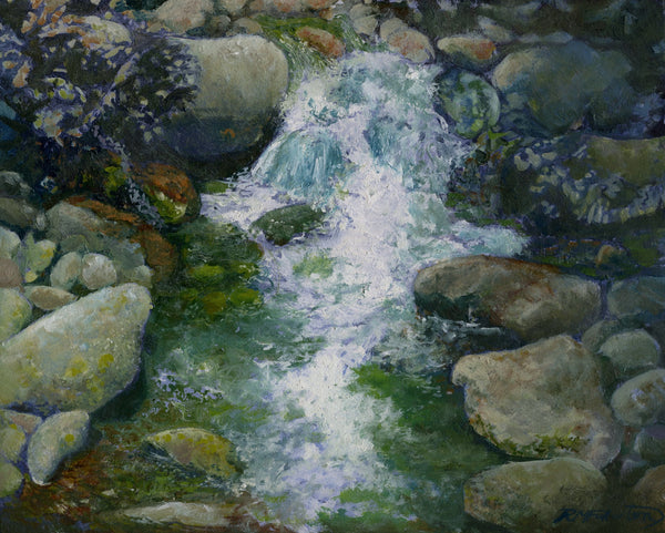 "Rocky Stream" is an 8 by 10 inch oil on panel landscape painting of water sparkling and falling over river rocks in a stream in the White Mountain National Forest of New Hampshire.