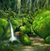 "Deep in Mossy Woods" is a 10 by 10 inch oil painting on panel by Rebecca M. Fullerton, depicting a tiny waterfall cascading through sun-dappled bright, emerald green moss growing over boulders and roots in the forest.