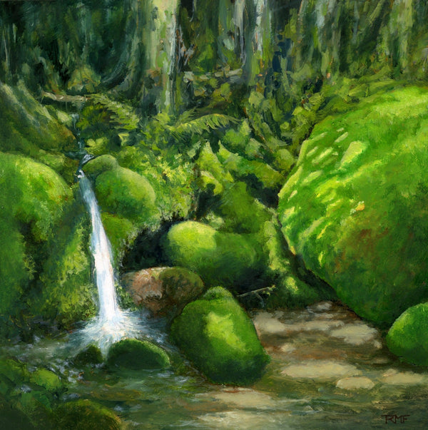 "Deep in Mossy Woods" is a 10 by 10 inch oil painting on panel by Rebecca M. Fullerton, depicting a tiny waterfall cascading through sun-dappled bright, emerald green moss growing over boulders and roots in the forest.