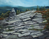 "Baldface Circle" is a 16 by 20 inch oil painting on canvas of layers of granite and a rock cairn along the Baldface Circle Trail in New Hampshire's White Mountains. Painted by Rebecca M. Fullerton.