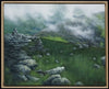 "Gulfside Ramble" is a 16 by 20 inch oil on canvas painting depicting mist and clouds drifting over mountain ridges. A lone rock cairn marks a trail winding over the range. This is a view along the Presidential Range in New Hampshire's White Mountains.