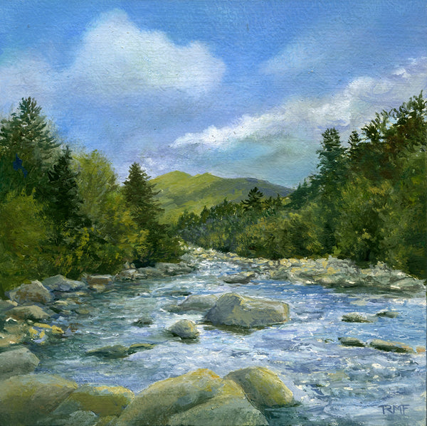 "Lincoln Woods Afternoon" 5 by 5 inch blank greeting cards printed on high-quality card stock. Always great to see the sparkling waters of the East Branch of the Pemigewasset River flowing underfoot as you cross the footbridge at the end of a long day hike in the Pemi. 