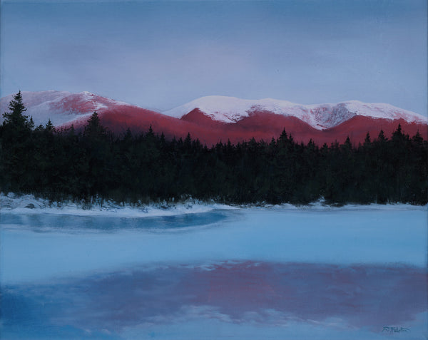 "Lost Pond Alpenglow" is a framed 16 by 20 inch oil on canvas painting by Rebecca M. Fullerton, depicting the light of dawn turning Mount Washington and Tuckerman Ravine a glowing pink color, as seen from the shore of Lost Pond in Pinkham Notch, New Hampshire.