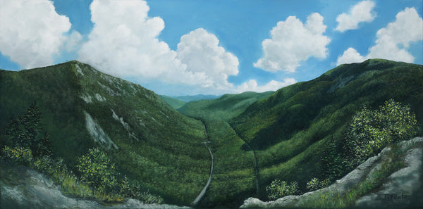 "Mount Willard, Summer" is a 20 by 40 inch framed oil on canvas painting by Rebecca M. Fullerton depicting the view over Crawford Notch from Mount Willard in the heart of New Hampshire's White Mountains. This artwork depicts mountains, valleys, forests, cliffs, trees, roads, railroad tracks, clouds, blue sky and summertime.
