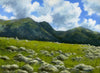 "Alpine Days" is a 9 by 12 inch framed oil on panel painting of the view above treeline on the Presidential Range of New Hampshire's White Mountains. One of the few reasons I'll get up really early is to have a full day of hiking above treeline. The alpine zone, with its stunted trees, amazing plant life and unbeatable views, is far and away my favorite part of the White Mountains.