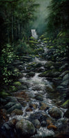 "Cold Brook Falls" is a 20 by 40 inch tall, panoramic oil painting of a gorgeous White Mountains waterfall and stream tumbling through green forests. Hear a sparkling stream rushing over river rocks in Northern New Hampshire's great wilderness when you look at this painting.