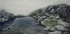 The view of surrounding mountains is obliterated during a cloudy day on New Hampshire's Mt. Washington, but it is still beautriful. This painting pays homage to the quiet, the fog, and the peace of a misty day above treeline. Original 16x32" oil on canvas painting. Framed in a 17.5 x 33.5 inch wood float frame.