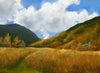 Oil painting of Crawford Notch in autumn, White Mountains, New Hampshire. The painting depicts a classic view of the head of Crawford Notch, with its towering peaks and colorful foliage. The artist captures the vibrant hues of autumn, from the fiery reds and oranges of the maple trees to the golden yellows of the birch trees. The painting is framed in a dark walnut frame and is signed by the artist. It is ready to hang on your wall and will bring the beauty of autumn to your home.