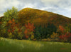New England autumn hill painting with a ray of sun on top. This oil on panel painting captures the beauty of a simple New England hill in autumn. The hill is covered in a riot of red, orange, and yellow leaves, and a single ray of sunlight illuminates the top of the hill. The painting is framed in a dark walnut frame and is ready to hang.