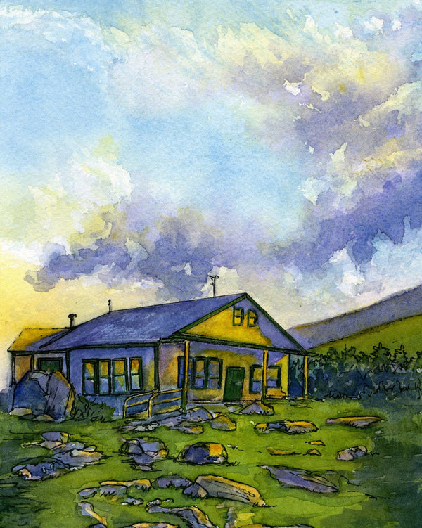 Appalachian Mountain Club Galehead Hut, White Mountain National Forest, White Mountains, New Hampshire. Fine art print of a watercolor painting. Gifts for hikers, backpackers, outdoor enthusiasts and huts fans.