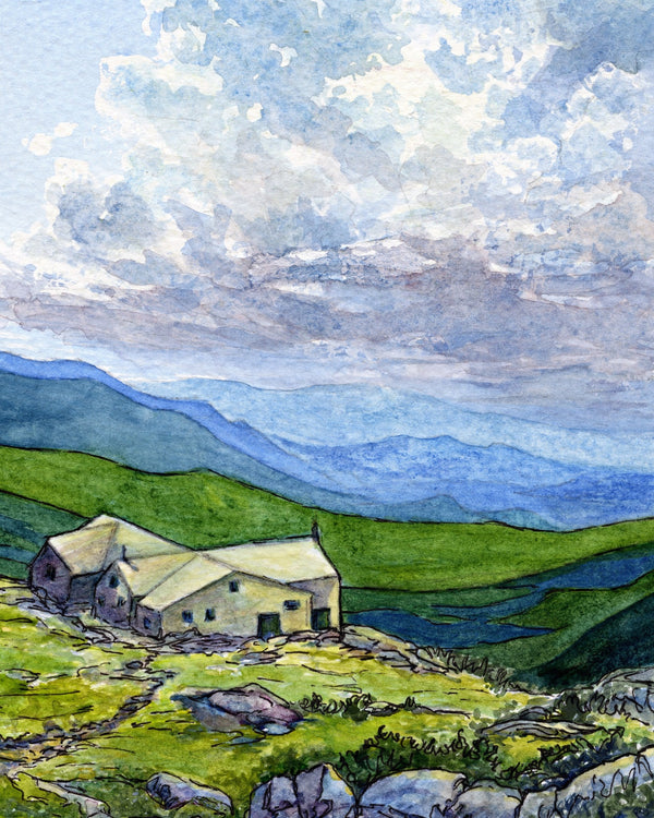 Appalachian Mountain Club Lakes of the Clouds Hut, White Mountain National Forest, White Mountains, New Hampshire. Fine art print of a watercolor painting. Gifts for hikers, backpackers, outdoor enthusiasts and hut fans.