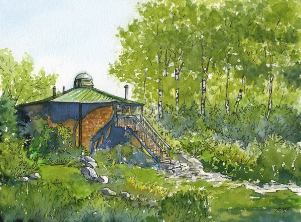 "Lonesome Lake Hut, White Mountains, NH" is a 9 by 6.5 inch watercolor and ink painting on paper by Rebecca M. Fullerton, depicting the Appalachian Mountain Club hut above Franconia Notch. The octagonal building is surrounded by green trees and undergrowth in full sunshine on a summer's day.