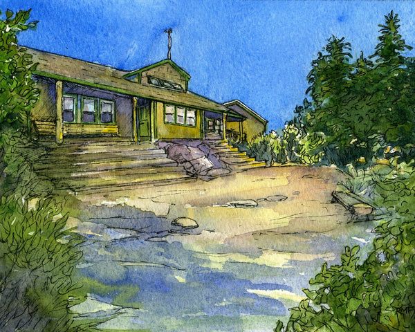 Appalachian Mountain Club Zealand Falls Hut, White Mountain National Forest, White Mountains, New Hampshire. Fine art print of a watercolor painting. Gifts for hikers, backpackers, outdoor enthusiasts and hut fans.