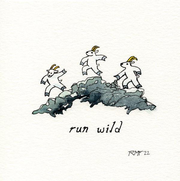 Over mountains, over trails, backcountry running never fails.  Approximately 5 x 5 inch watercolor and ink on paper.  Original piece of art (NOT a print or copy).  Handmade with tiny, tiny brushes and Micron pens.  Unframed, unmatted.  Shipped in a plastic sleeve with backing board. Goat Party Place mountain goats.