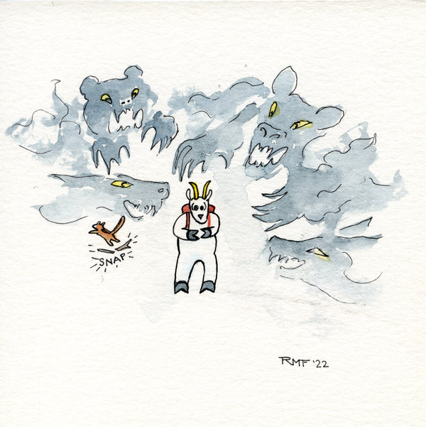 Snapping twigs are definitely always some terrible, lurking beast, right?  Approximately 5 x 5 inch watercolor and ink on paper.  Original piece of art (NOT a print or copy).  Handmade with tiny, tiny brushes and Micron pens.  Unframed, unmatted.  Shipped in a plastic sleeve with backing board. Goat Party Place mountain goats.