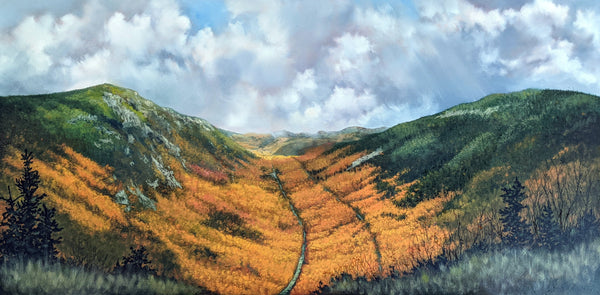 "Mount Willard, Autumn," 20x40 inch oil on canvas painting of the view of Crawford Notch from Mt. Willard, New  Hampshire, by Rebecca M. Fullerton.