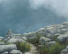 Painting detail. This dramatic mountainside oil painting captures the beauty of mid-day light in the White Mountains.  Scorching white sunlight illuminates rocks, contrasting with dark clouds and alpine sedge.  Perfect for any home or office, this painting captures the thrill of hiking above treeline in the White Mountains.  18x24 inch oil on panel, framed and signed by artist, wired and ready to hang.