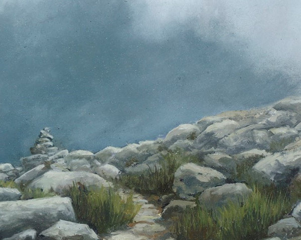Painting detail. This dramatic mountainside oil painting captures the beauty of mid-day light in the White Mountains.  Scorching white sunlight illuminates rocks, contrasting with dark clouds and alpine sedge.  Perfect for any home or office, this painting captures the thrill of hiking above treeline in the White Mountains.  18x24 inch oil on panel, framed and signed by artist, wired and ready to hang.
