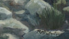 Signature detail. This dramatic mountainside oil painting captures the beauty of mid-day light in the White Mountains.  Scorching white sunlight illuminates rocks, contrasting with dark clouds and alpine sedge.  Perfect for any home or office, this painting captures the thrill of hiking above treeline in the White Mountains.  18x24 inch oil on panel, framed and signed by artist, wired and ready to hang.