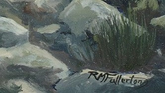 Signature detail. This dramatic mountainside oil painting captures the beauty of mid-day light in the White Mountains.  Scorching white sunlight illuminates rocks, contrasting with dark clouds and alpine sedge.  Perfect for any home or office, this painting captures the thrill of hiking above treeline in the White Mountains.  18x24 inch oil on panel, framed and signed by artist, wired and ready to hang.