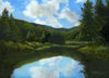 A painting depicting a serene view of a mountain pond with trees in the foreground and a clear blue sky in the background.