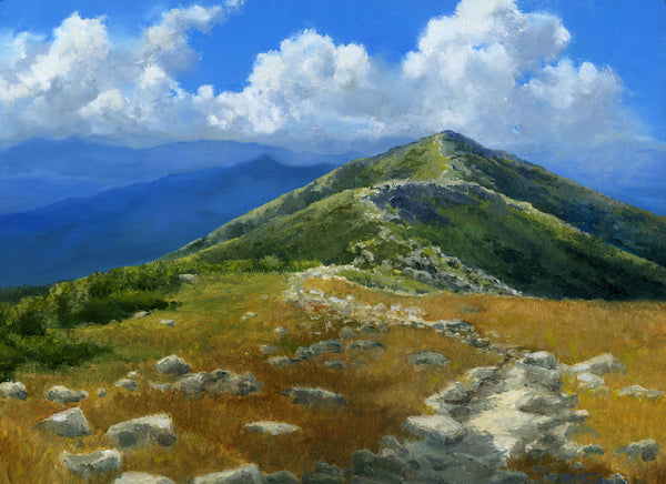 Franconia Ridge, White Mountains, New Hampshire painted in bright summer colors under fluffy clouds