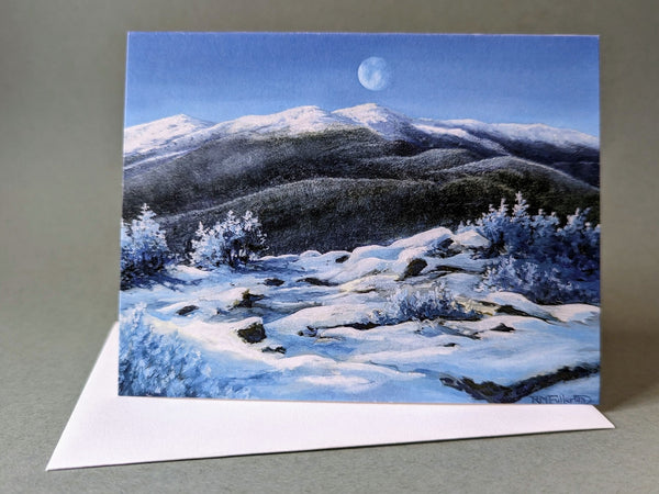 A timeless view over Agiocochook (Mt. Washington) in New Hampshire's White Mountains. The winter world spreads out beneath the moon as it bends down to converse with the mountains. Small 4x5½" greeting cards. High quality prints of paintings on archival felted cardstock. Certified by the Forest Stewardship Council.