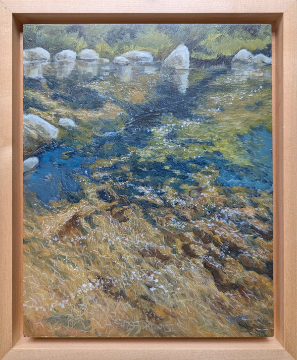 The Ammonoosuc River passes by down the hill from me, and every section of the river is a delight. Some parts are smooth as the water wends its way around boulders. Other parts are full of cascades. The whole river sparkles when the sun is out. Luminous 8x10 inch oil painting on panel, framed. White Mountains, NH.