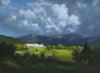 Painting of the Omni Mount Washington Hotel with the Presidential Range beyond and big clouds overhead.