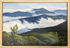 Oil painting of the Presidential Range of the White Mountains at sunset, with clouds gathering in the valley. The painting depicts distant ridges of the Willey Range, Mount Carrigain, and other peaks in the Pemigewasset Wilderness. The painting is 20 x 30 inches in size and is gallery wrapped on 1¼" stretcher bars with an ash wood float frame. It is signed by the artist and is wired and ready to hang.