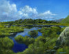 Landscape painting of a marshy area with water, grass, and hills under a blue sky.
