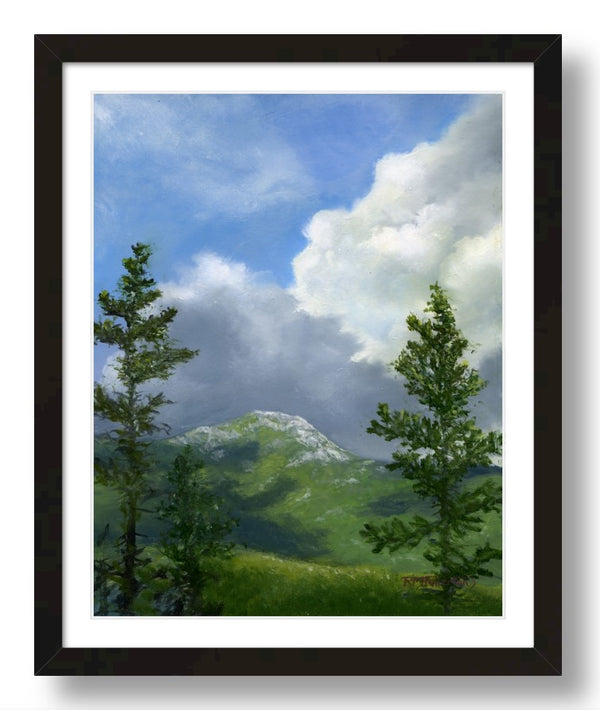 The profile of Mount Chocorua is recognizable for miles around, sticking up above its many slightly lower neighbors. This is the view from the west, within the Sandwich Range Wilderness, with a dramatic backdrop of storm clouds. Fine art print, 11x14 inches; available framed or unframed.