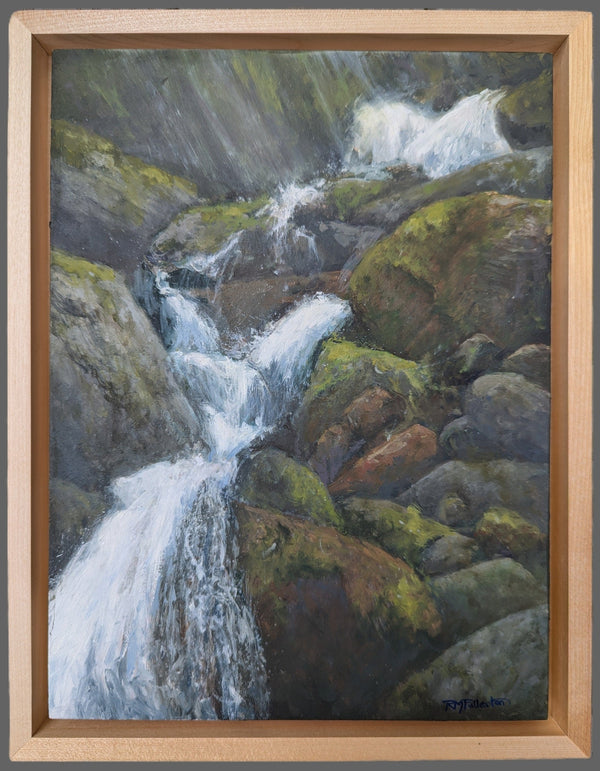 Framed painting of a waterfall flowing through a rocky landscape with greenery.