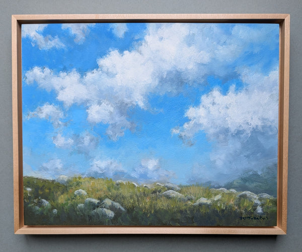 Framed painting of a blue sky with clouds and green landscape.