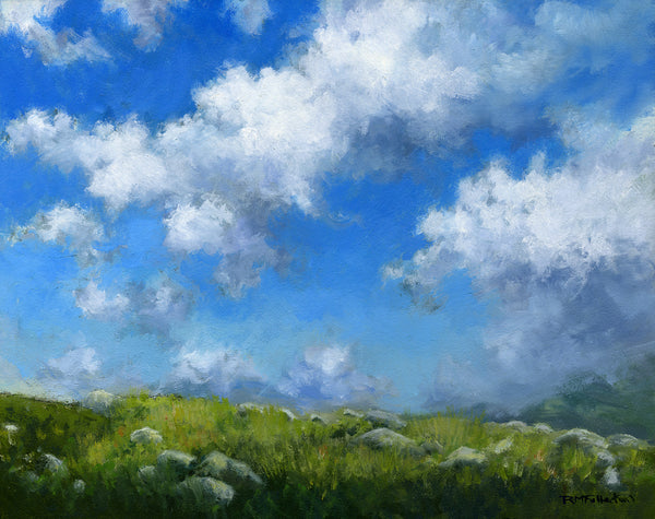 Painting of a blue sky with white clouds and green landscape below