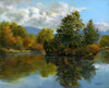 Landscape painting of a lake with trees and mountains