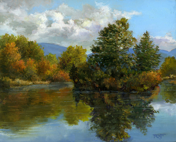 Landscape painting of a lake with trees and mountains