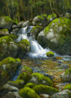 Painting of a small waterfall surrounded by moss-covered rocks in a forest setting.