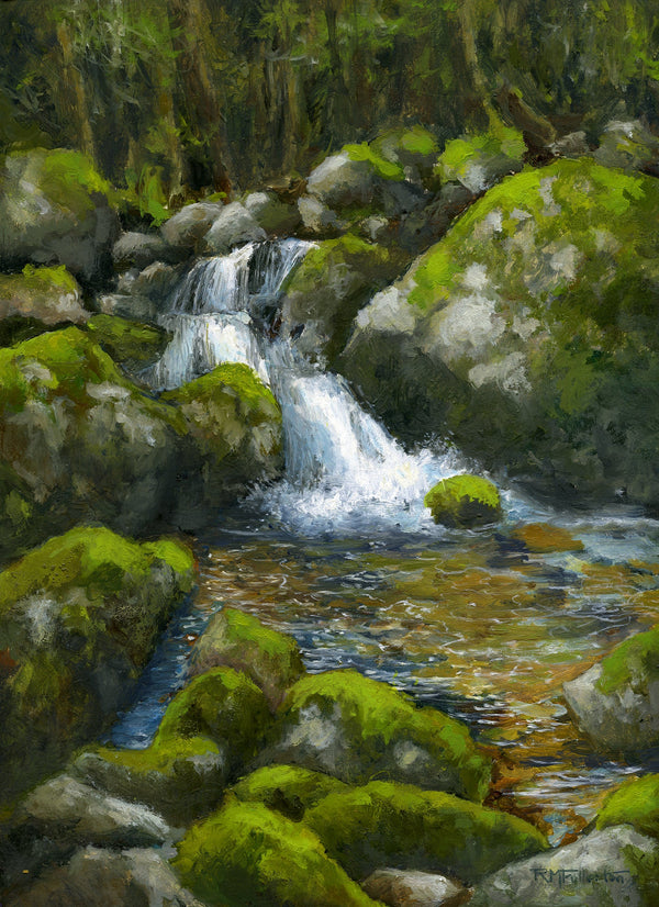 Painting of a small waterfall surrounded by moss-covered rocks in a forest setting.